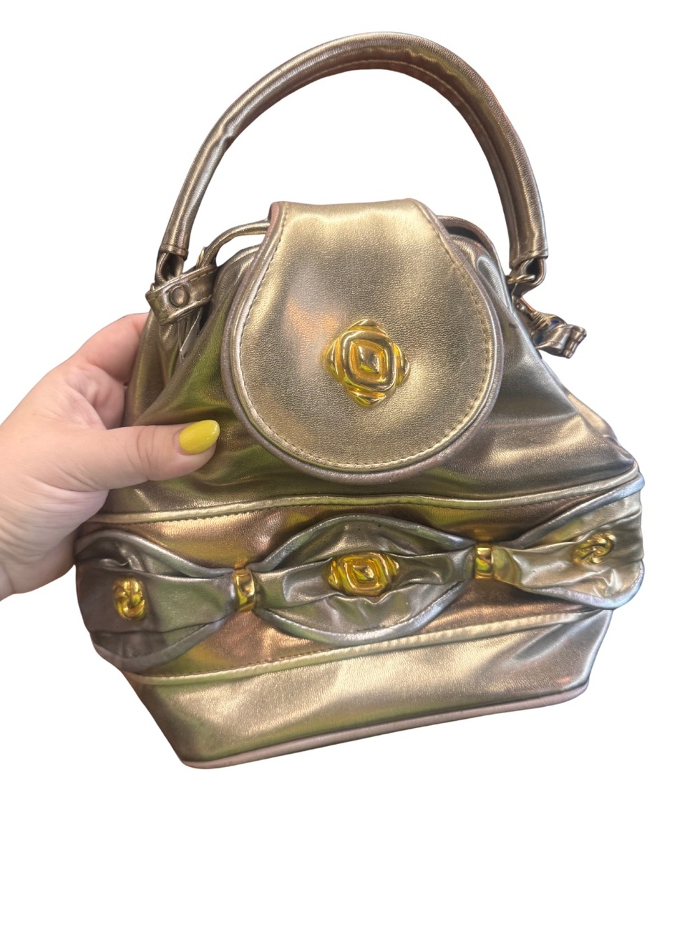 Iridescent Gold Mini Top-Handle Bag with Floral Rosette Accents